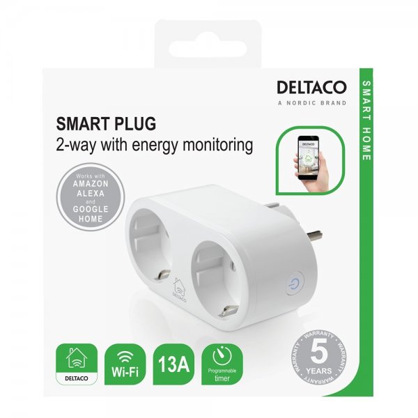 Deltaco Smart Home Smart Plug med dobbeltudtag og energiovervågning