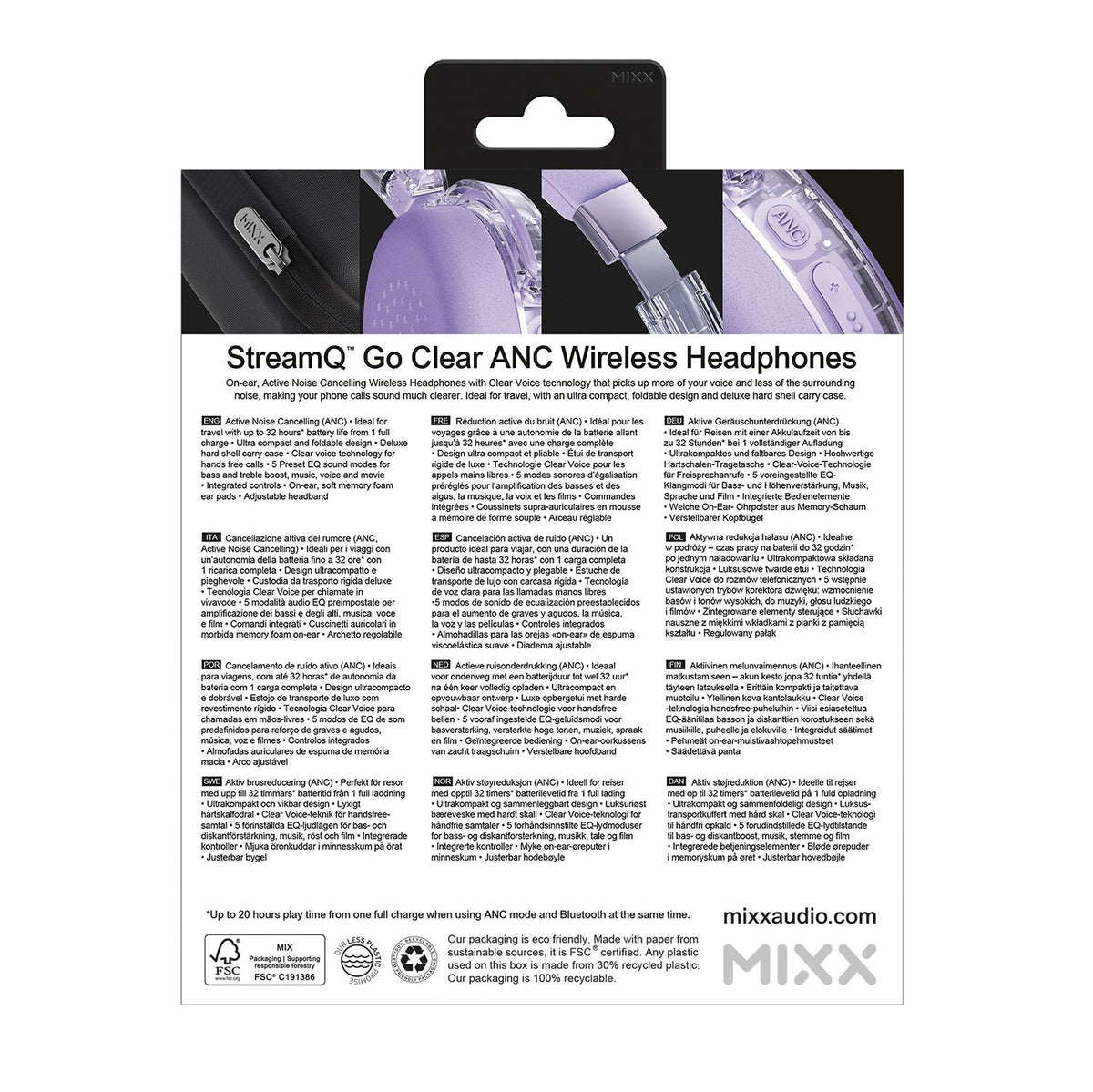Mixx Trådløse On-Ear Høretelefoner StreamQ Go ANC Clear Lilla
