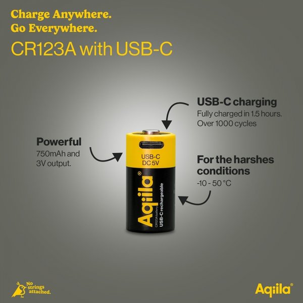 Aqiila Genopladeligt CR123A-batteri USB-C 2-pak