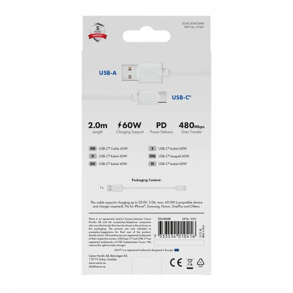 X2O USB-A til USB-C Kabel Basic 60W 2m Hvid