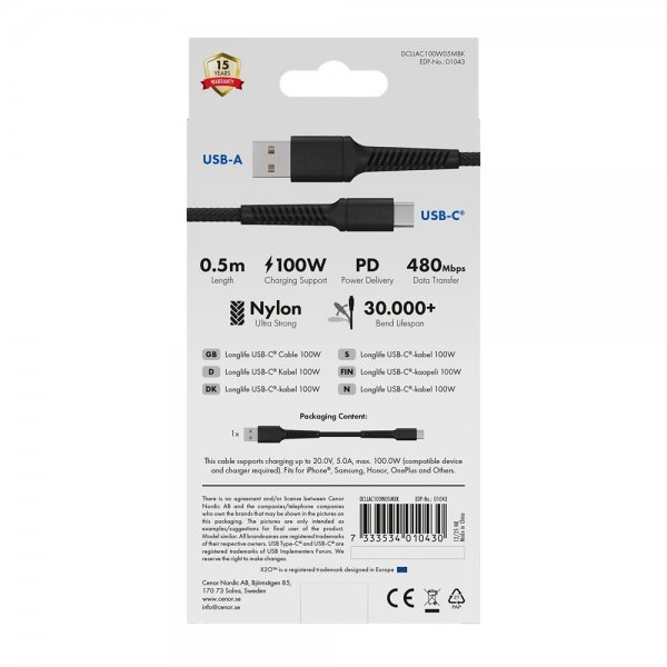X2O USB-A til USB-C Kabel Longlife 60W 0.5m Sort