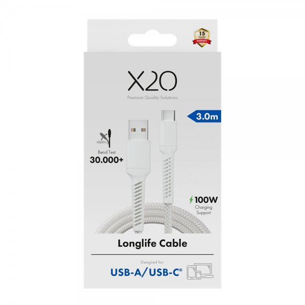 X2O USB-A til USB-C Kabel Longlife 60W 3m Hvid