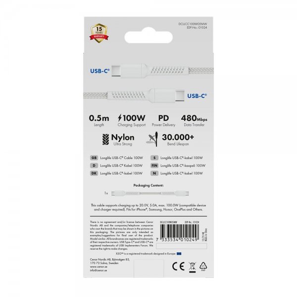 X2O USB-C til USB-C Kabel Longlife 100W 0.5m Hvid