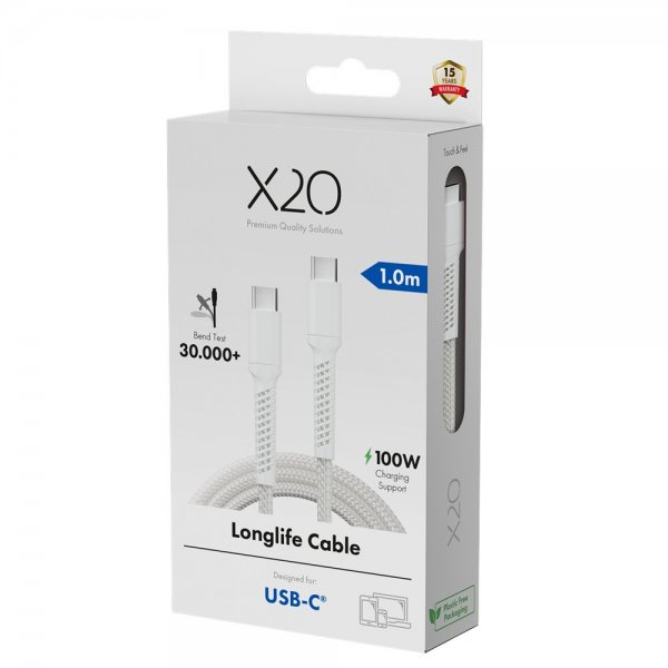 X2O USB-C til USB-C Kabel Longlife 100W 1m Hvid