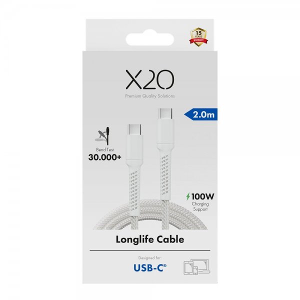 X2O USB-C til USB-C Kabel Longlife 100W 2m Hvid