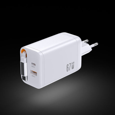SiGN 65W Hurtiglader GaN med udtrækbar USB-C kabel Hvid