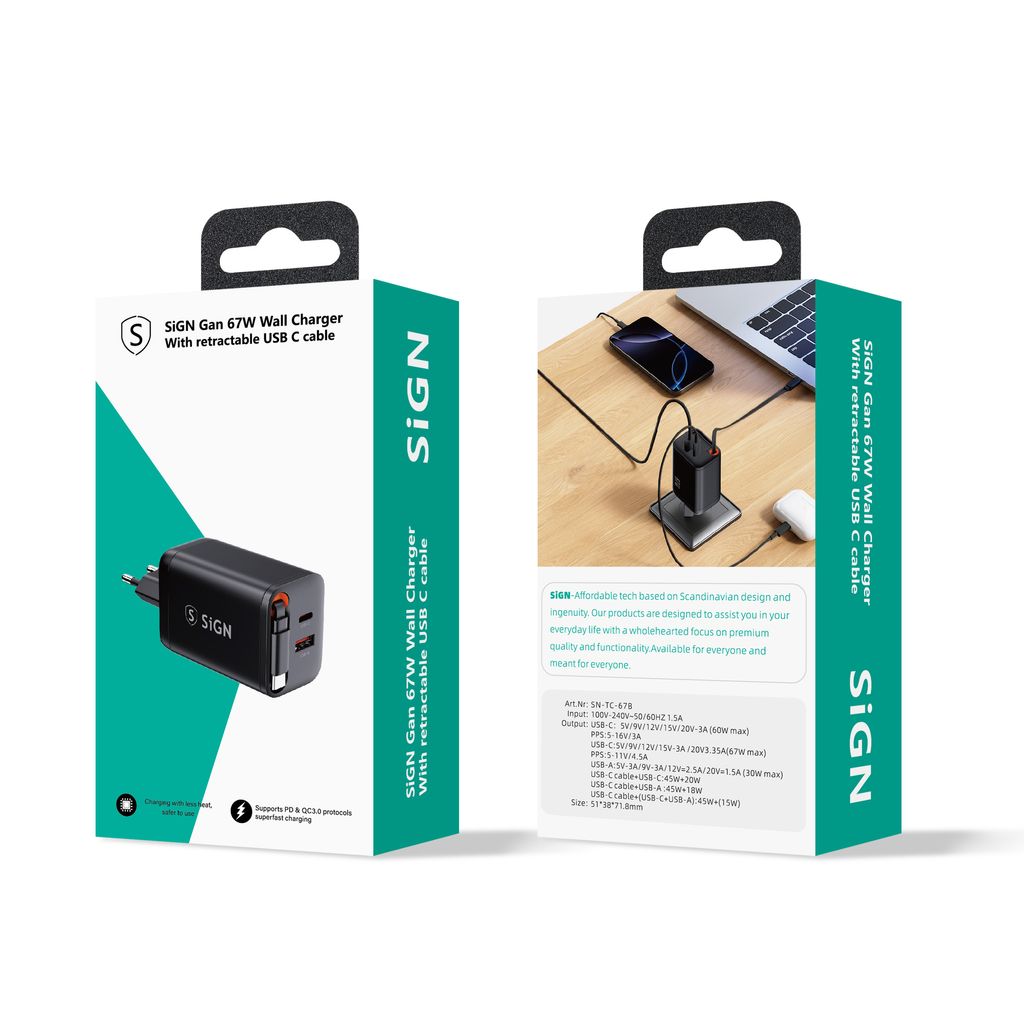SiGN 65W Hurtiglader GaN med udtrækbar USB-C kabel Sort