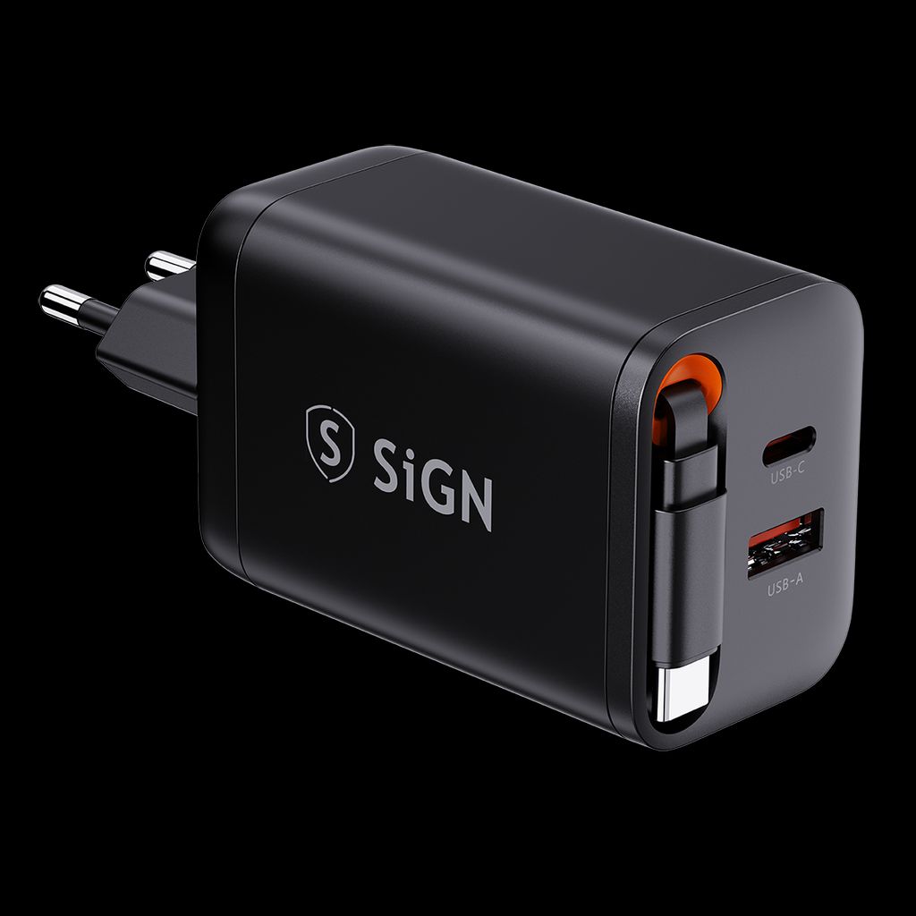 SiGN 65W Hurtiglader GaN med udtrækbar USB-C kabel Sort