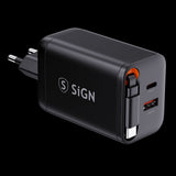 SiGN 65W Hurtiglader GaN med udtrækbar USB-C kabel Sort