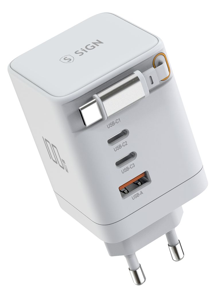 SiGN 100W GaN Hurtiglader med udtrækbar USB-C-kabel Hvid