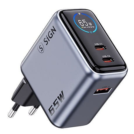 SiGN 65W Vægoplader med Display 2xUSB-C/1x USB-A Grå