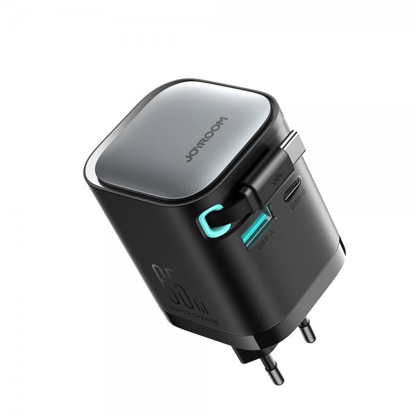 Joyroom 65W Vægoplader med indbygget USB-C kabel & USB-A/USB-C udtag Sort