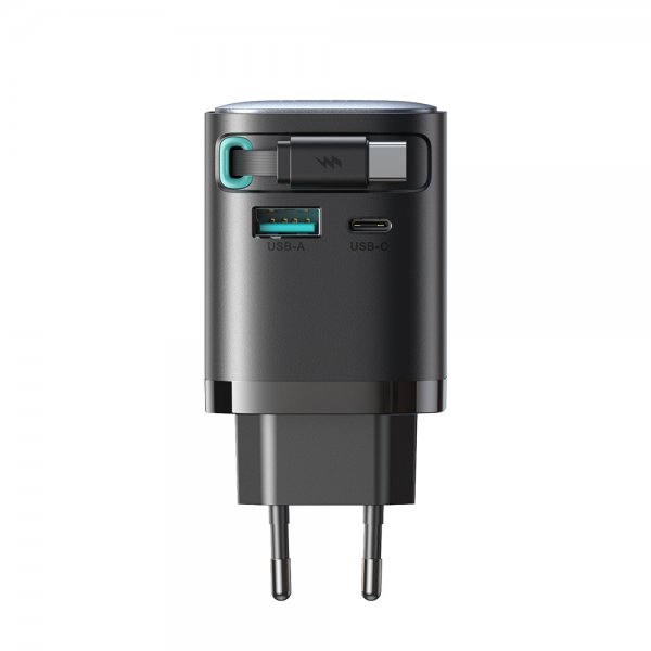 Joyroom 65W Vægoplader med indbygget USB-C kabel & USB-A/USB-C udtag Sort