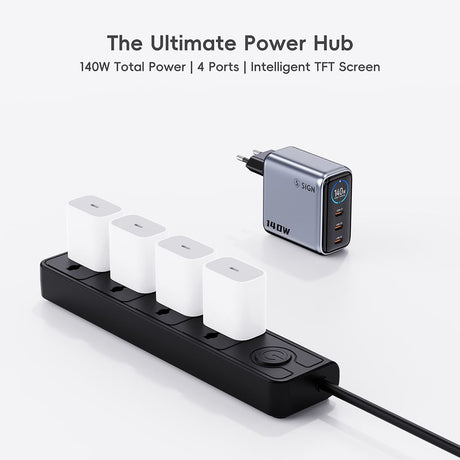 SiGN 140W Hurtiglader med Display 3xUSB-C/1xUSB-A Grå