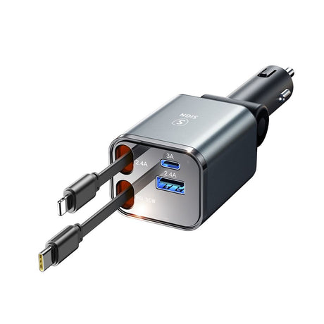 SiGN 4-i-1 Biloplader med udtrækbare USB-C-/Lightning-kabler 45W