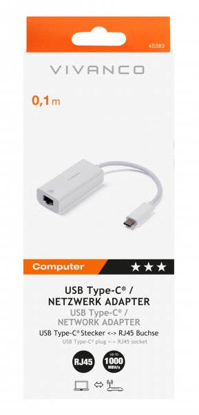 Vivanco Adapter USB Type-C Netværksadapter RJ45 Hvid