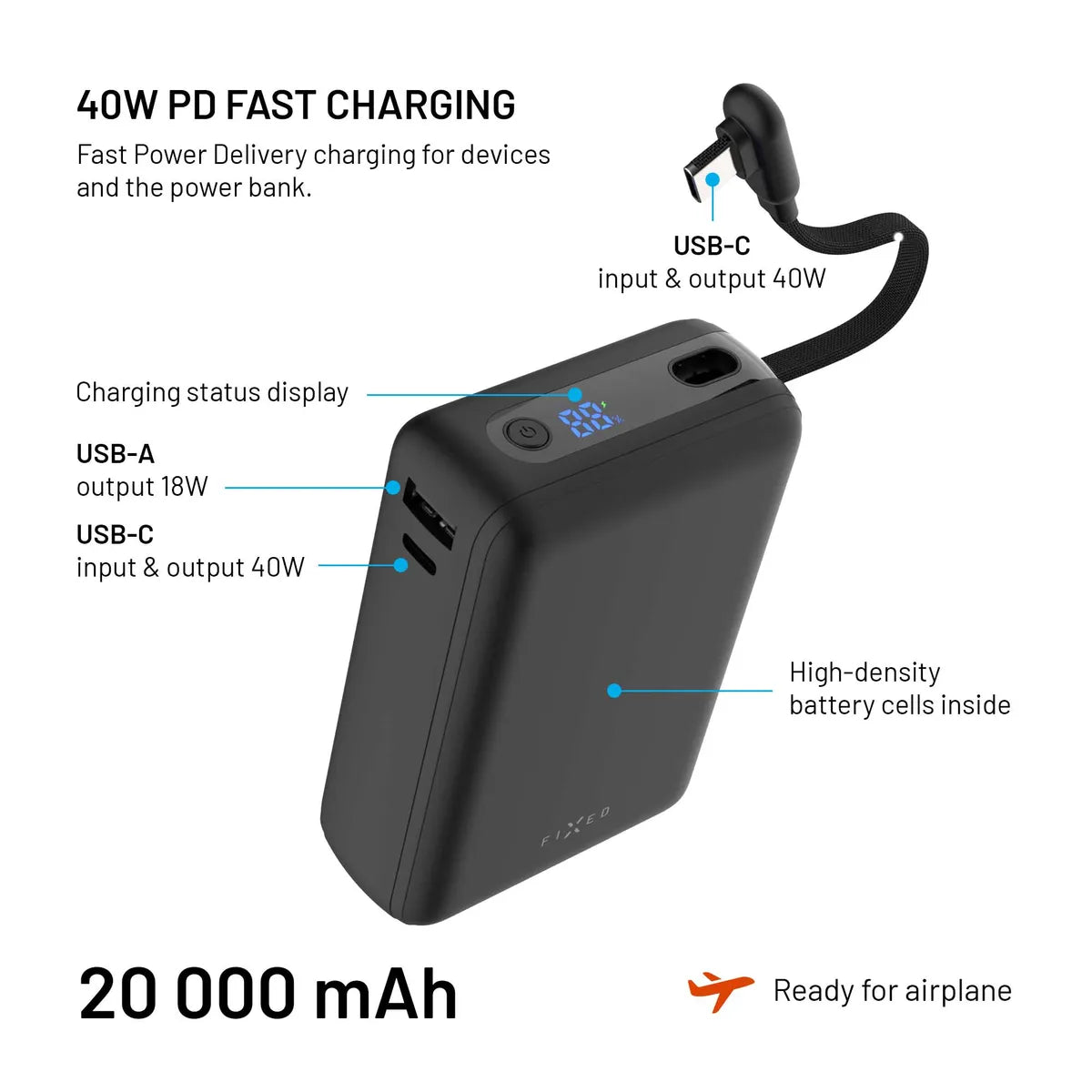 Fixed Zen 20 Loop Powerbank med indbygget USB-C kabel 40W