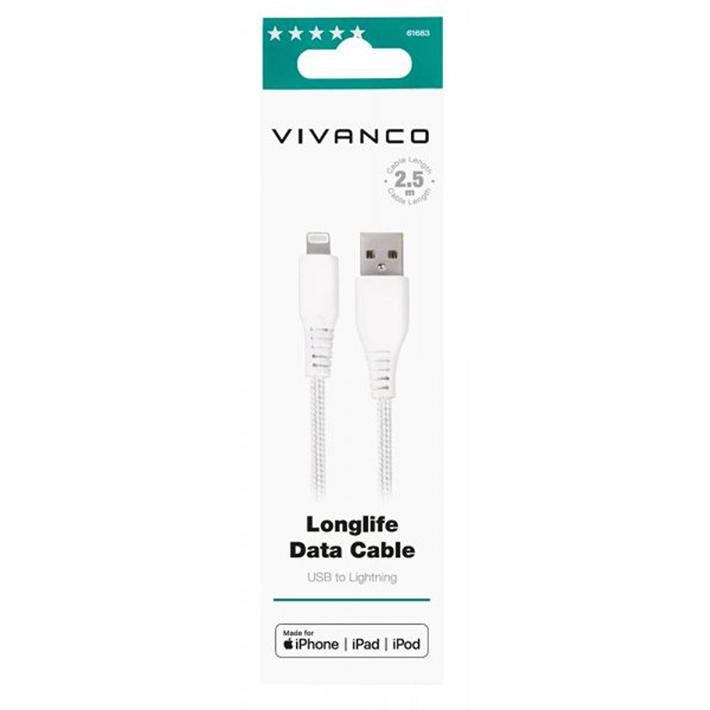 Vivanco Kabel Longlife Braided USB-A/Lightning 2.5m Hvid