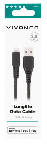 Vivanco Kabel Longlife Braided USB-A/Lightning 2.5m Sort