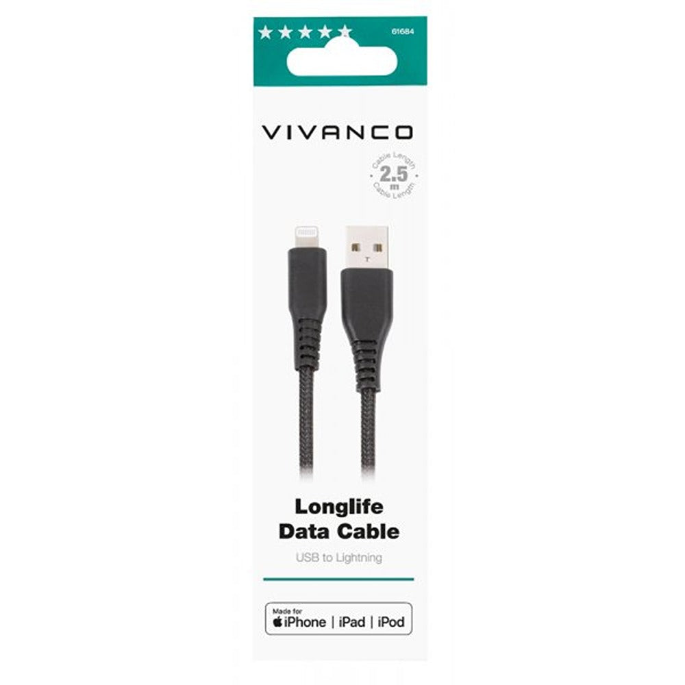 Vivanco Kabel Longlife Braided USB-A/Lightning 2.5m Sort