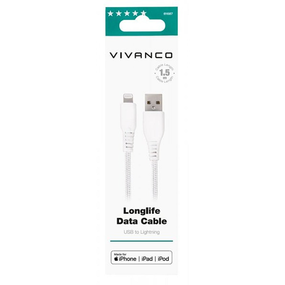 Vivanco Kabel Longlife Flettet USB-A/Lightning 1.5m Hvid