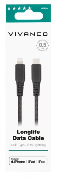Vivanco Kabel Longlife Braided USB-C/Lightning 0.5m Sort