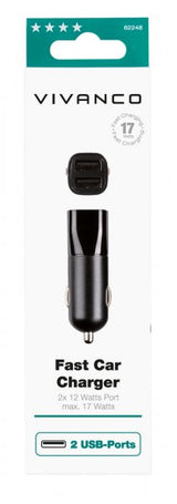 Vivanco Billader Fast Car Charger 2xUSB-A 17W Sort
