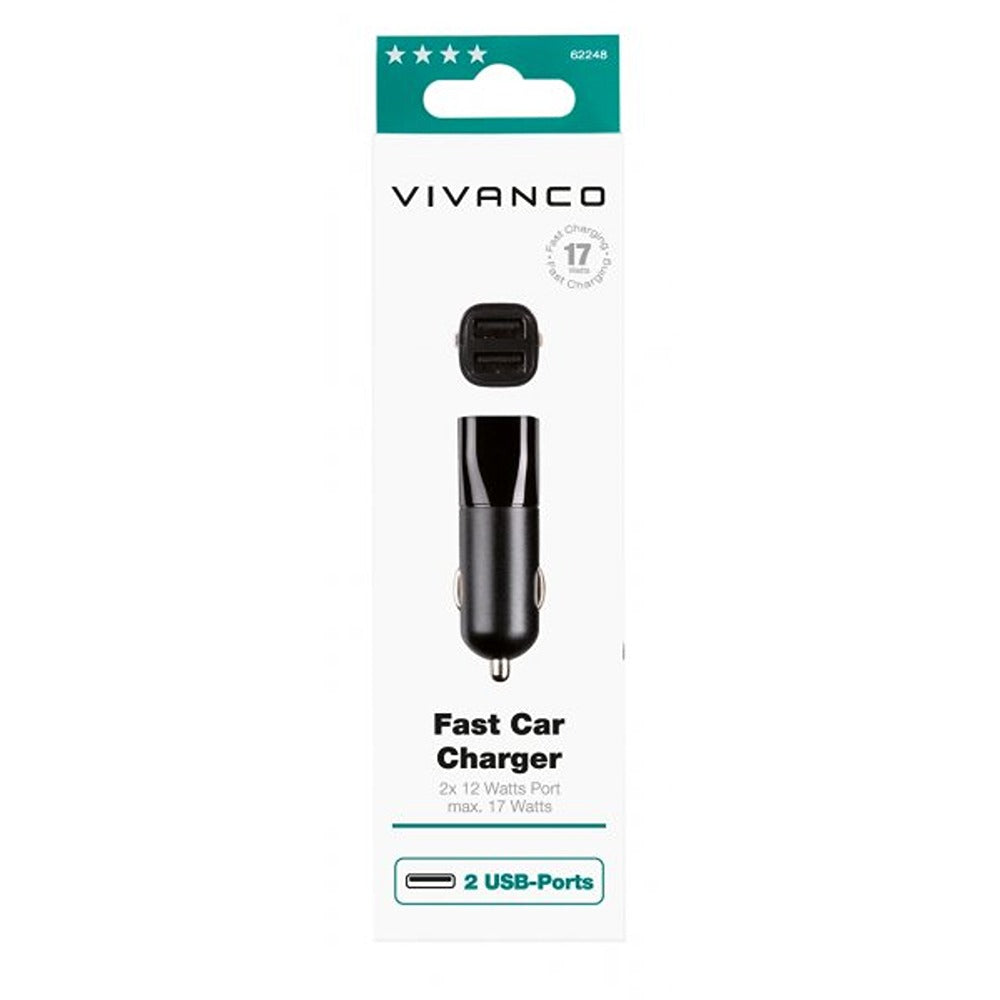 Vivanco Billader Fast Car Charger 2xUSB-A 17W Sort