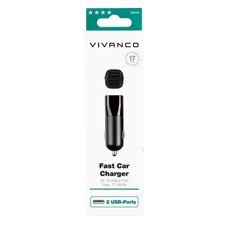 Vivanco Billader Fast Car Charger 2xUSB-A 17W Sort