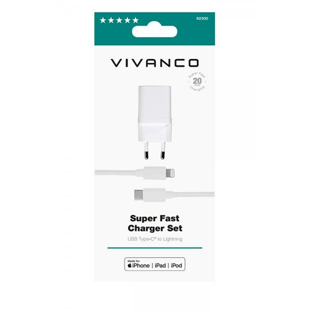 Vivanco Oplader med Kabel Super Fast Charger Sæt USB-C/Lightning 20W 1.2m Hvid