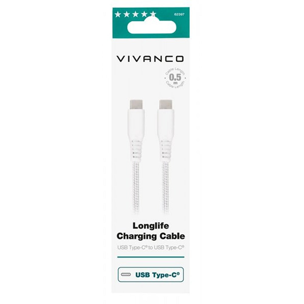 Vivanco Kabel Longlife Braided USB-C/USB-C 0.5m Hvid