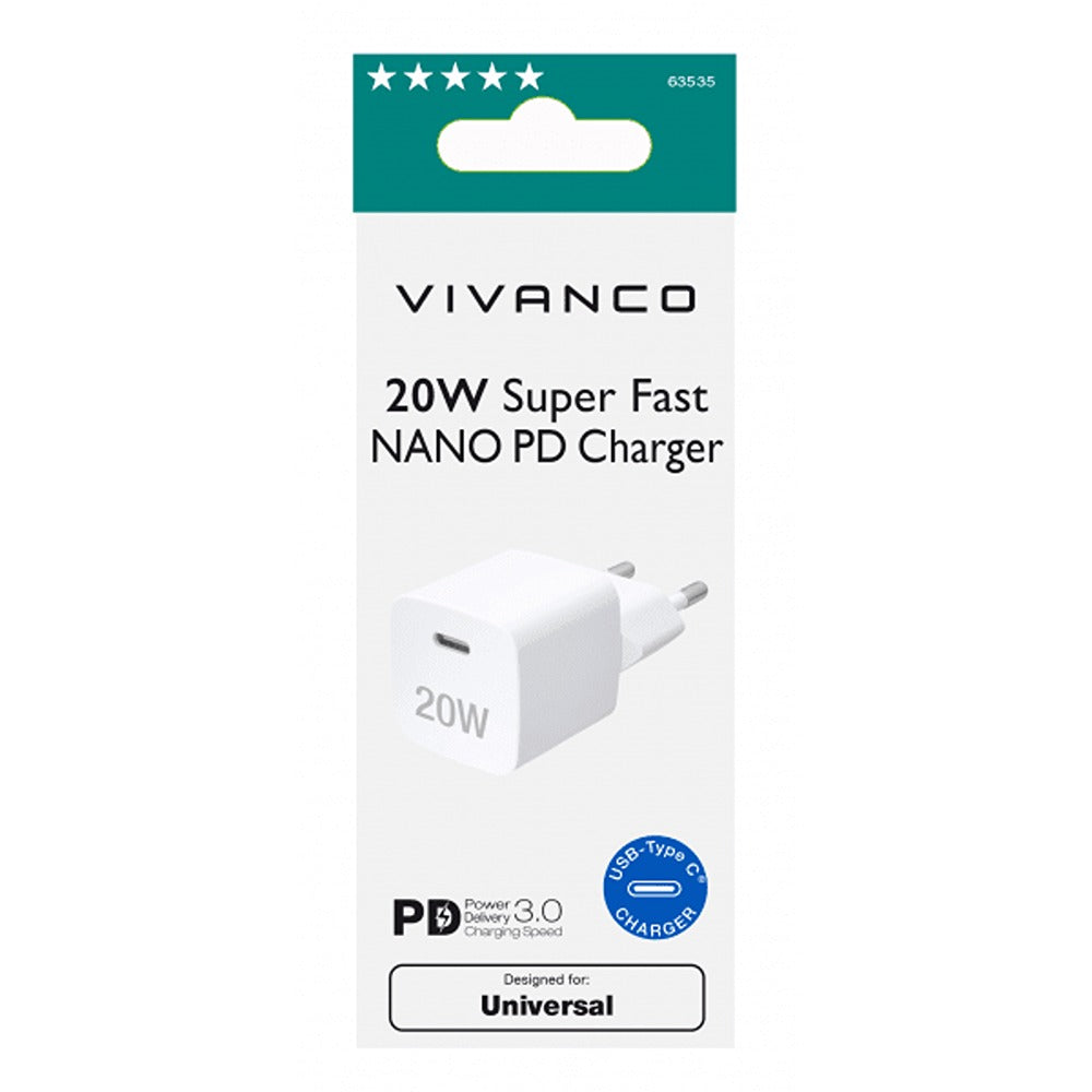 Vivanco Oplader 20W Super Fast NANO PD Charger Hvid
