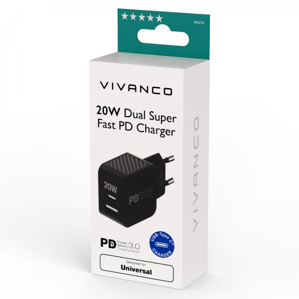Vivanco Oplader 20W Dual Super Fast PD Charger Sort