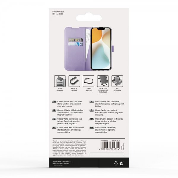 Vivanco iPhone 16e/17e Etui Classic Wallet Lavendel