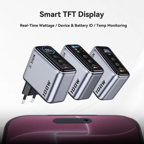 SiGN 100W Hurtiglader med Display 2xUSB-C/1xUSB-A Grå
