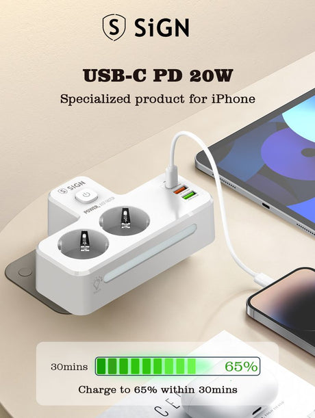 SiGN 2-vejs Stikdåse med LED-natlampe 20W USB-A/USB-C