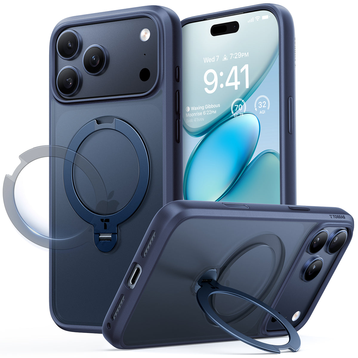 Torras iPhone 17 Pro Max Cover Ostand Q3 Spin Mørkeblå
