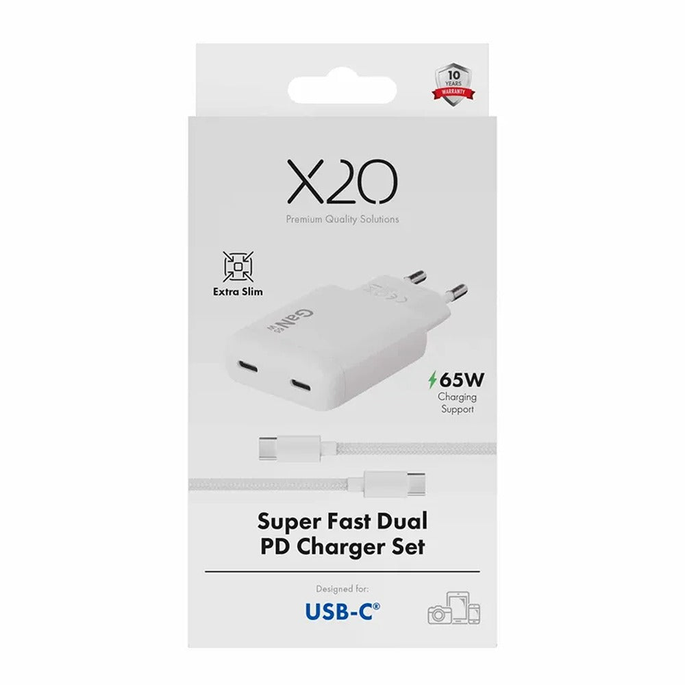 X2O 65W Dual Slim Hjemmeoplader-sæt USB-C/C GaN 1.5m Hvid