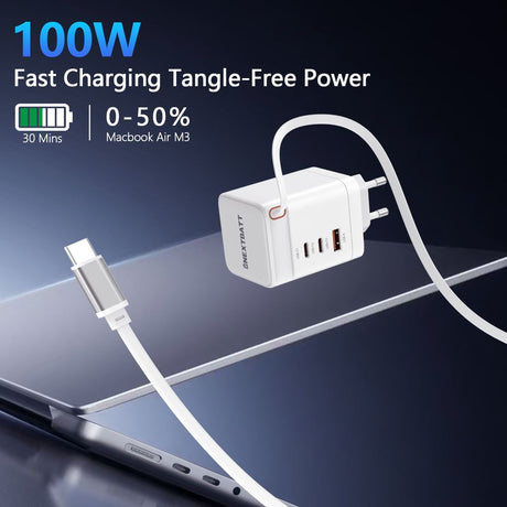 SiGN 100W GaN Hurtiglader med udtrækbar USB-C-kabel Hvid