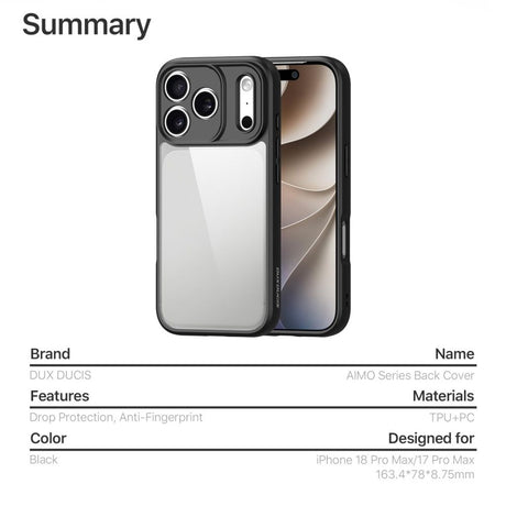 Dux Ducis iPhone 17 Pro Max/iPhone 18 Pro Max Cover Aimo Series Sort