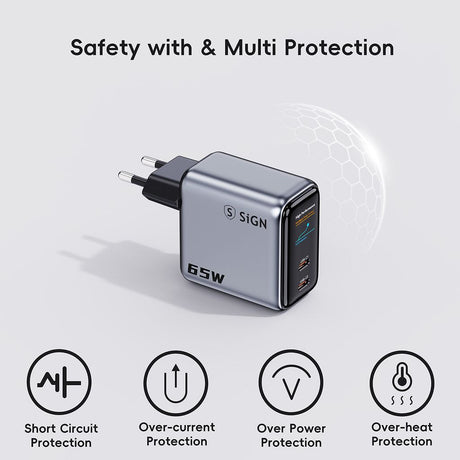 SiGN 65W Vægoplader med Display 2xUSB-C/1x USB-A Grå