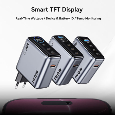 SiGN 140W Hurtiglader med Display 3xUSB-C/1xUSB-A Grå