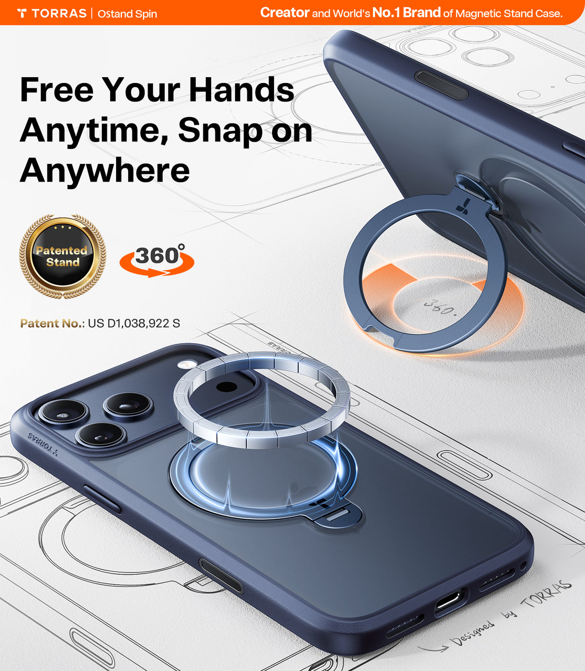 Torras iPhone 17 Pro Max Cover Ostand Q3 Spin Mørkeblå
