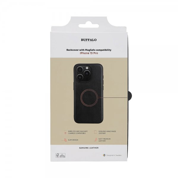 Buffalo iPhone 15 Pro Cover Ægte læder MagSeries Sort