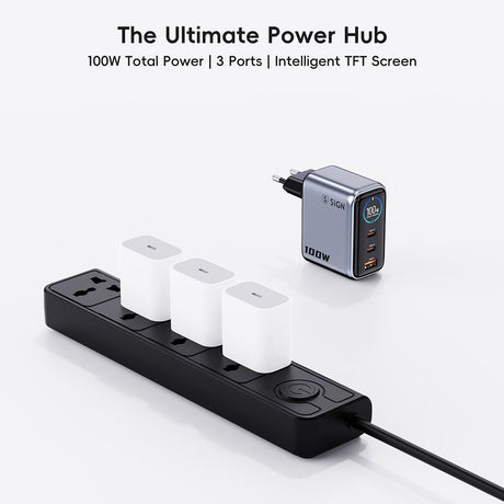 SiGN 100W Hurtiglader med Display 2xUSB-C/1xUSB-A Grå