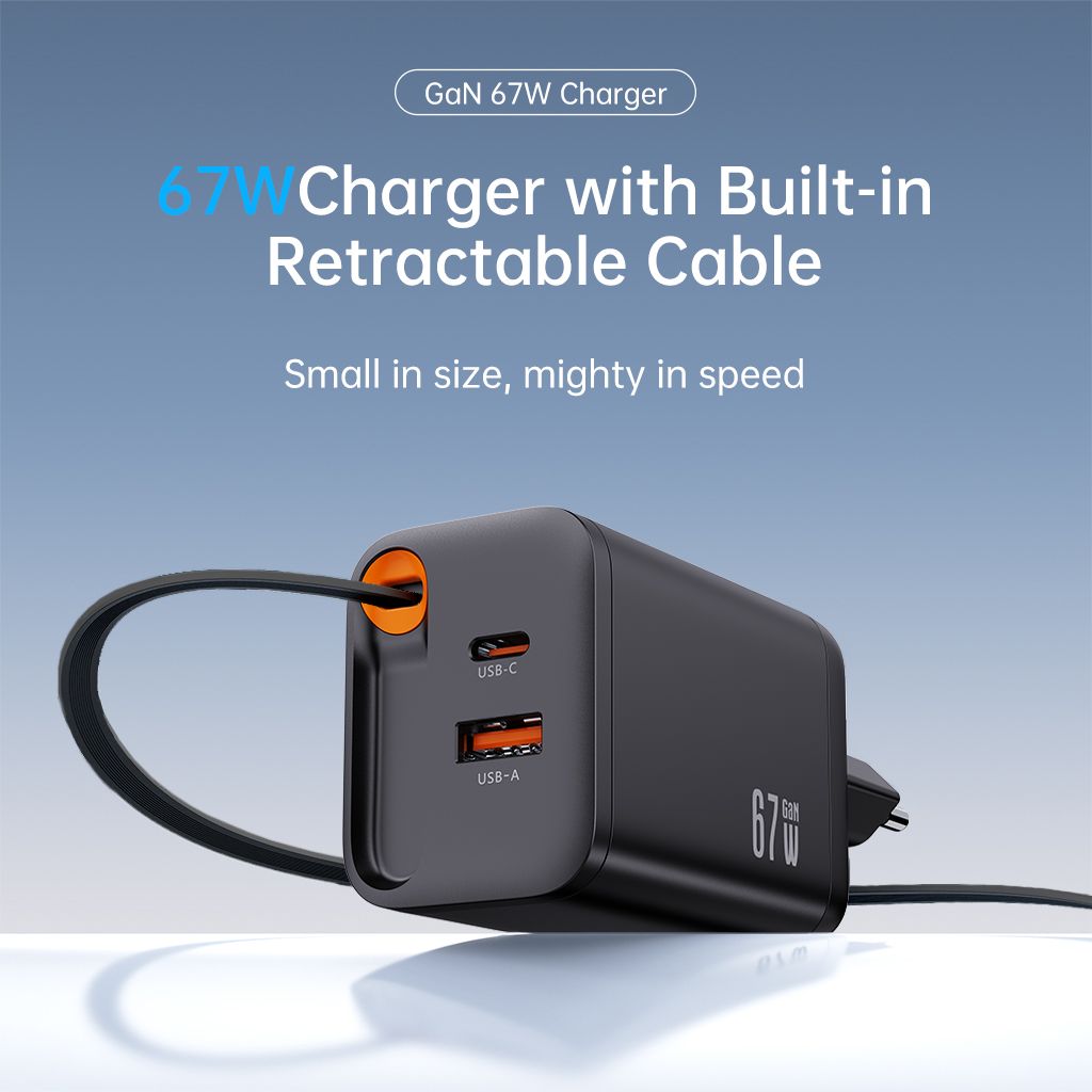 SiGN 65W Hurtiglader GaN med udtrækbar USB-C kabel Sort