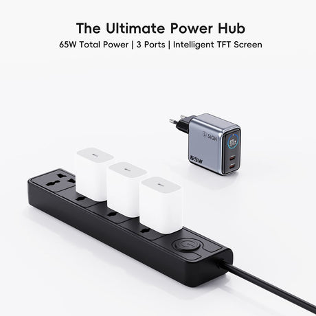 SiGN 65W Vægoplader med Display 2xUSB-C/1x USB-A Grå