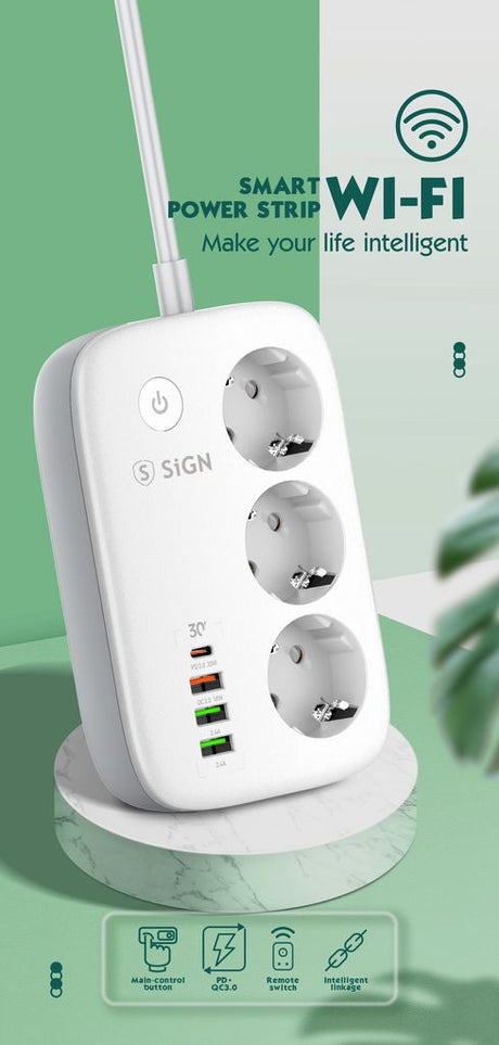 SiGN Smart WiFi 3-vejs Stikdåse 30W USB-A/USB-C 1,5m