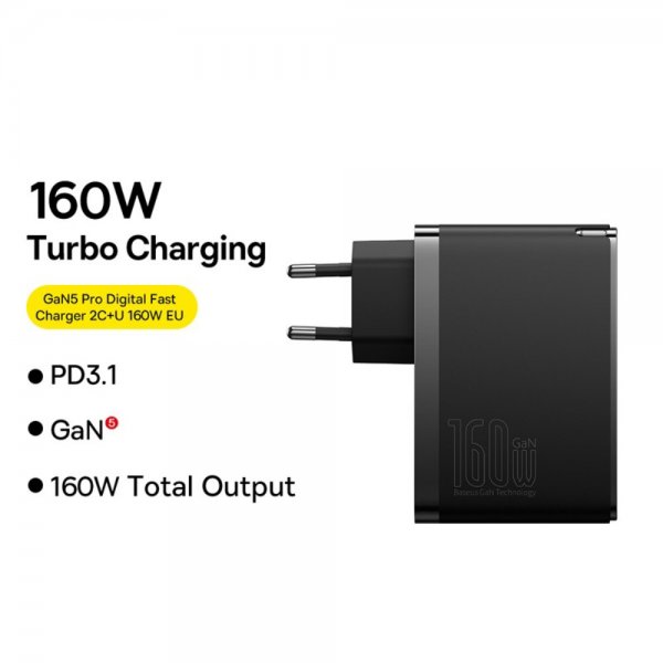 Baseus GaN5 Pro Hurtigoplader 2xUSB-C & 1xUSB-A 160W