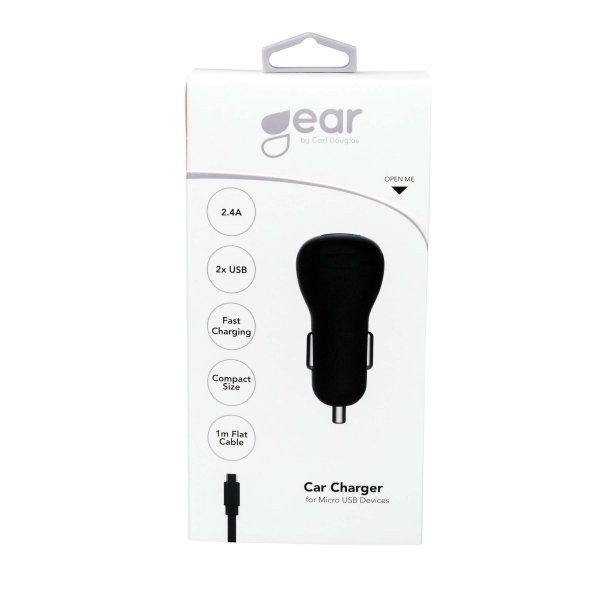 Gear Biloplader 2xUSB 2.4A Micro-USB Kabel 1m Sort